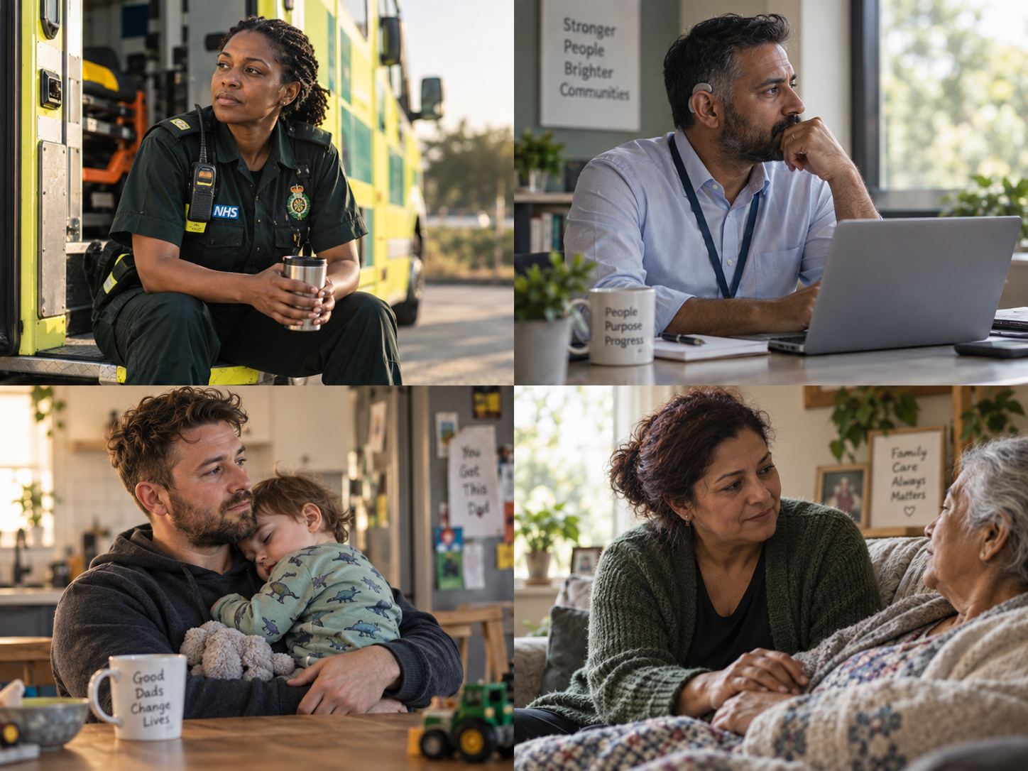 Four-panel image of an emergency responder, a manager, a parent holding a sleeping child, and a carer supporting an older person
