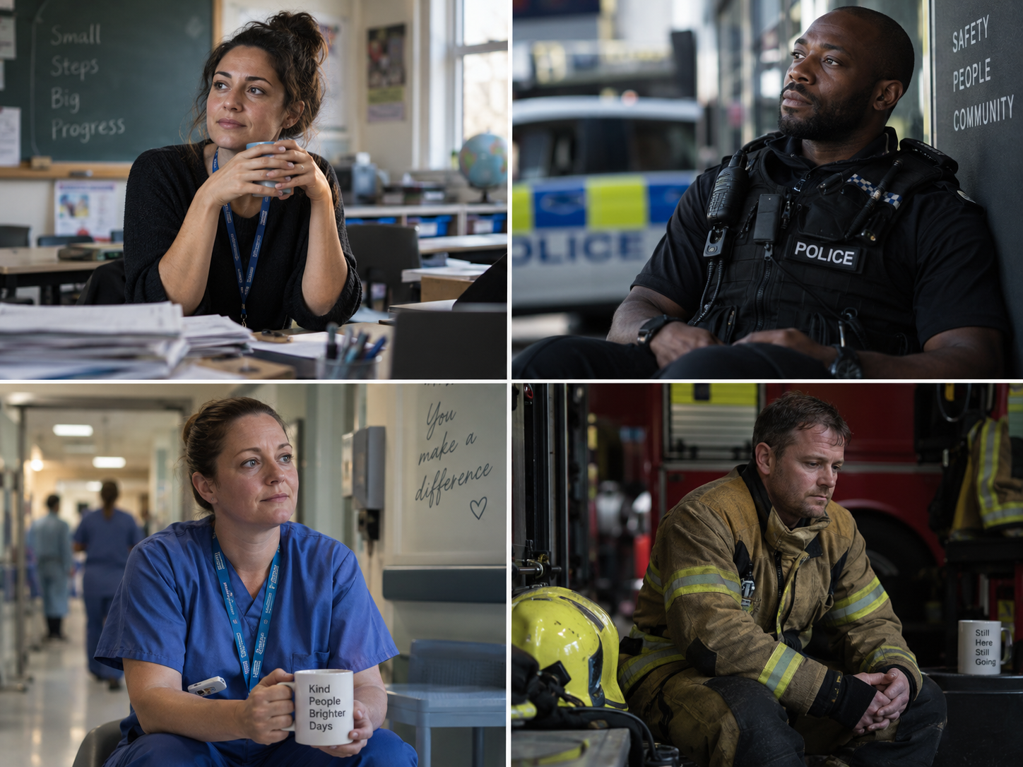 Four-panel image of a teacher, police officer, healthcare worker and firefighter taking a quiet moment