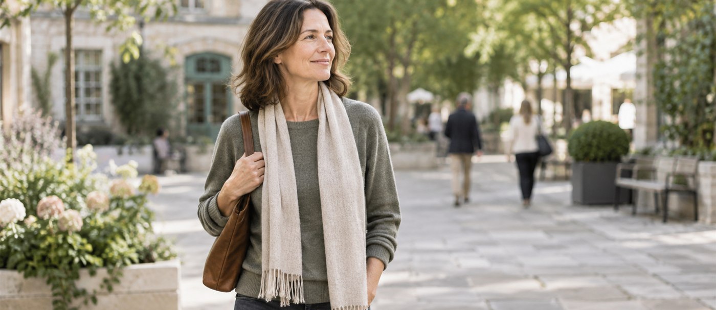A woman walking with relaxed confidence through a bright public courtyard