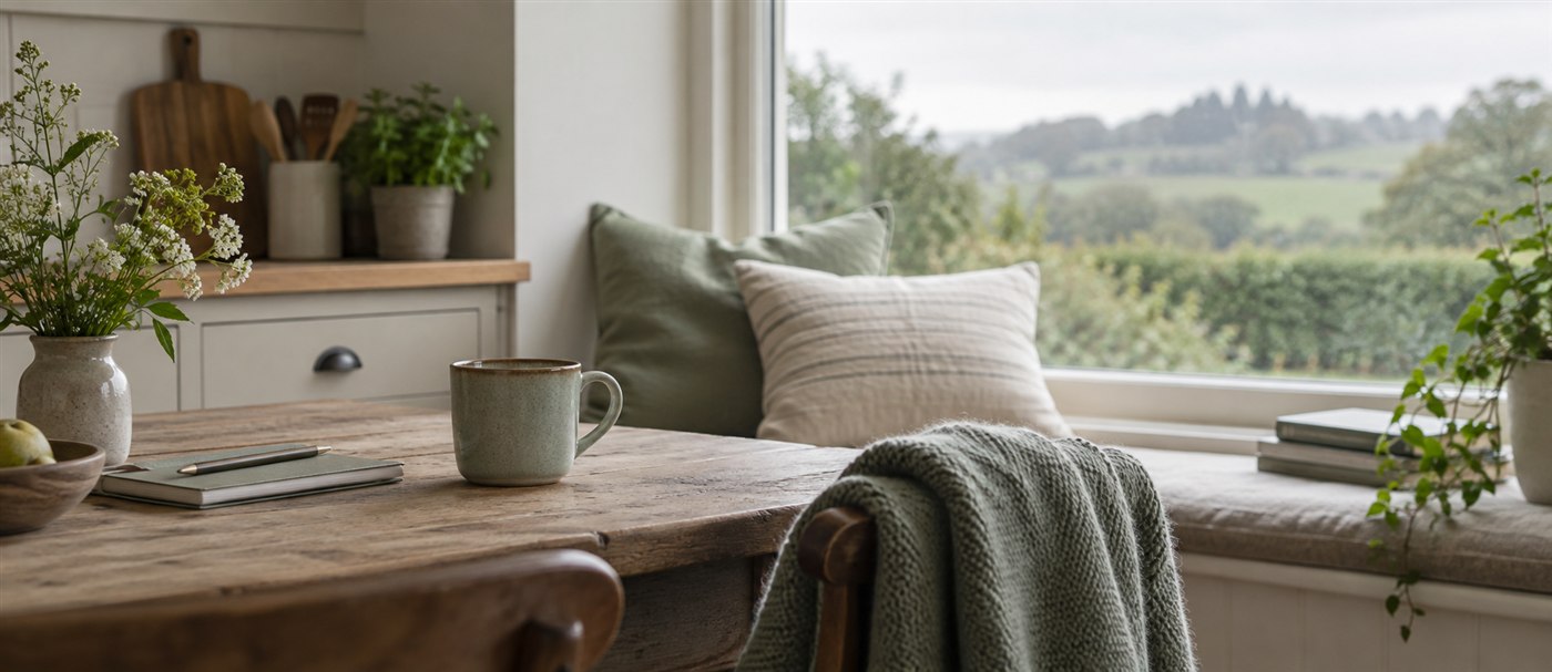 A quiet kitchen table beside a window, with a mug and folded cardigan