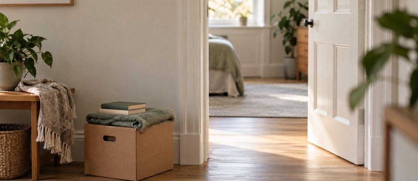 An open doorway with a small moving box, folded blanket and books in soft daylight