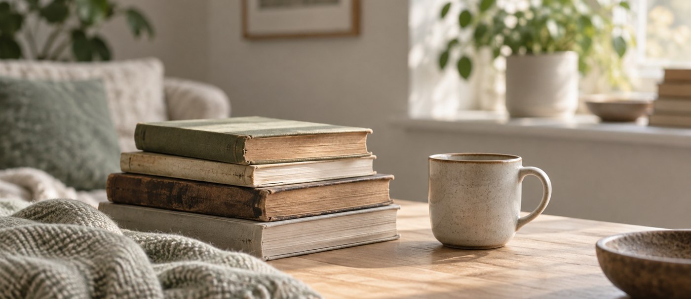 A stack of well-used books and a ceramic cup in gentle morning light